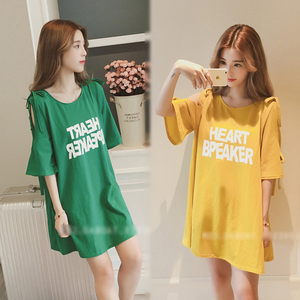 夏季韩版宽松肥大码睡衣女性感露肩纯棉外穿家居服孕妇装连衣睡裙