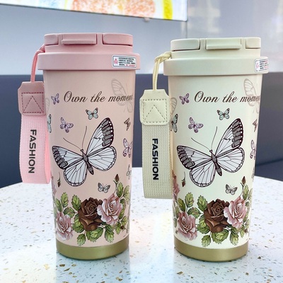 蝶恋花双饮保温杯316不锈钢随行便携式吸管水杯女高颜值咖啡杯子