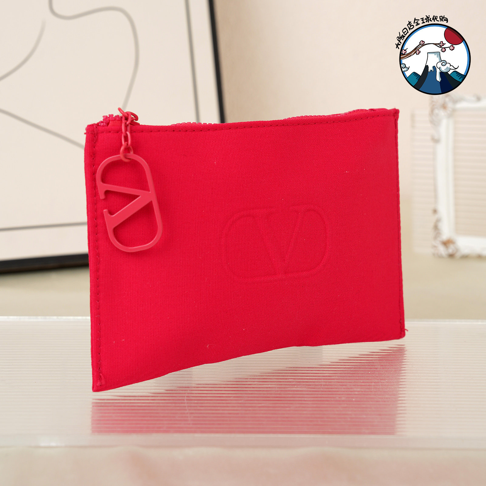专柜华伦天奴大V字logo红色帆布信封包 收纳手拿包护照证件化妆包