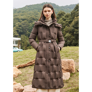 连帽长款羽绒服女收腰束带面包服厚外套冬装保暖281A0