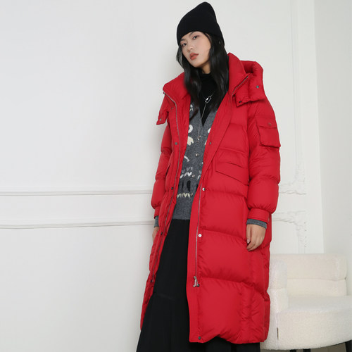 梵凯2025冬红色长款连帽羽绒服女