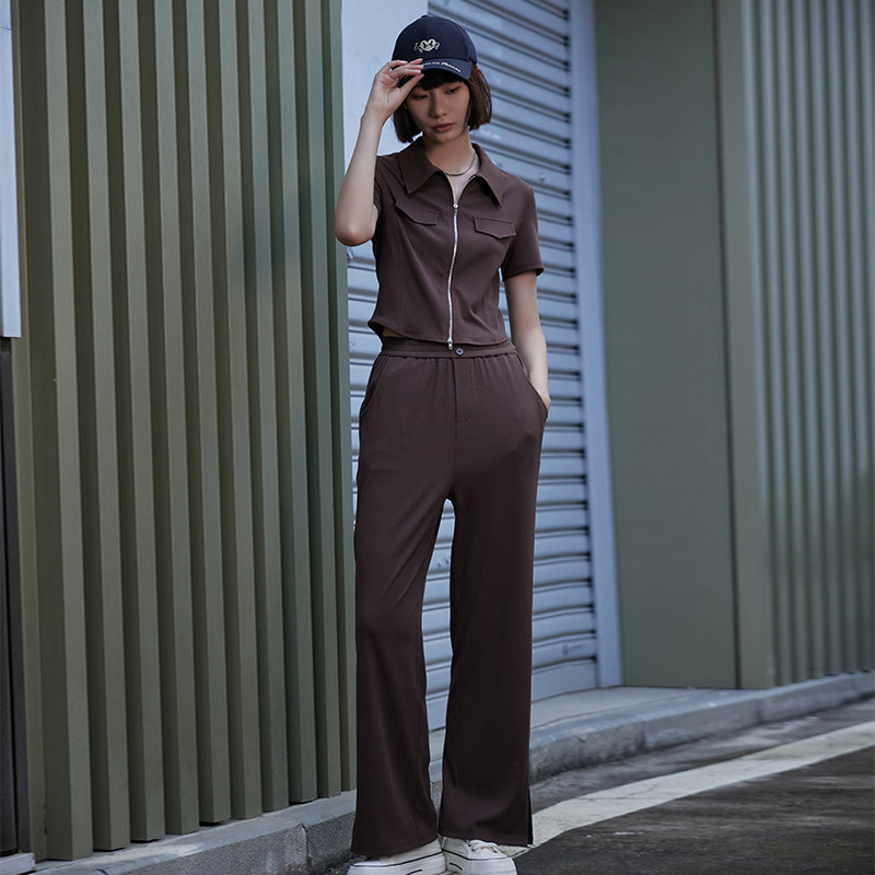 梵凯套装女2025夏休闲百搭运动风套装拉链修身弹力上衣配直筒长裤