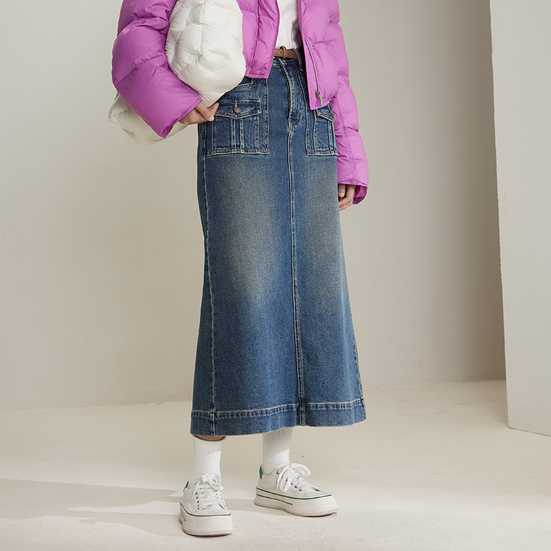 梵凯长裙直筒复古工装牛仔长半裙