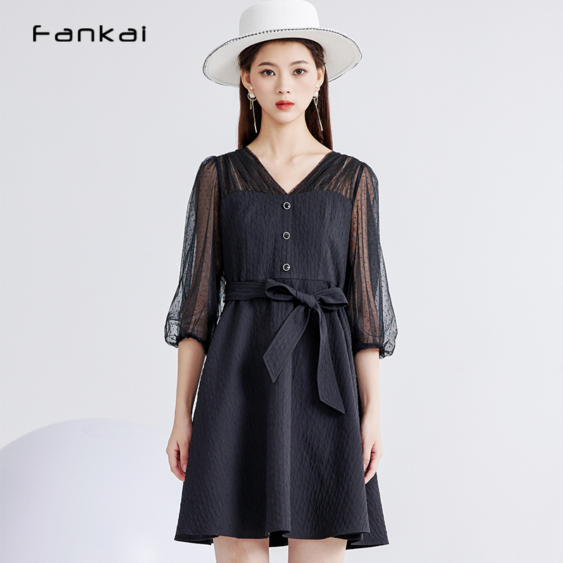 梵凯通勤收腰裙拼接网纱