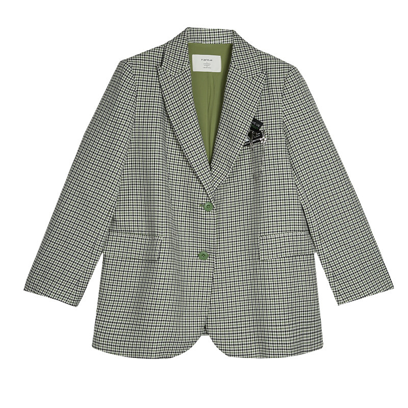 梵凯西装外套女2025秋复古绿格休闲宽松直筒西装春秋通勤西装女