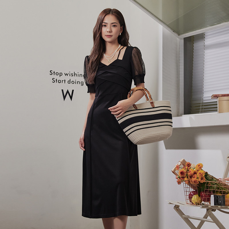 梵凯连衣裙2025夏时尚气质修身收腰网纱短袖针织长裙吊带V领A字裙