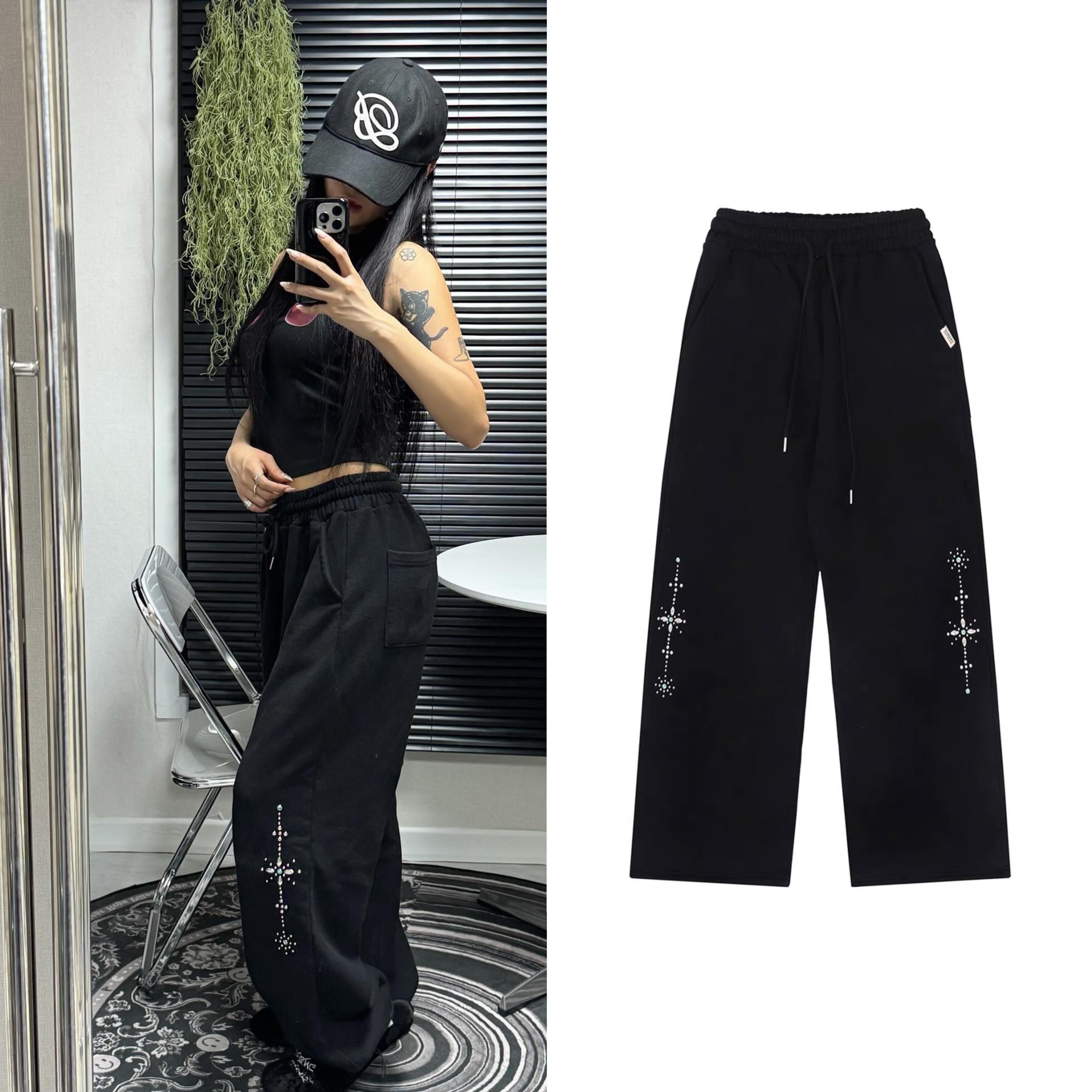 现货Jennie同款韩国品牌ROCKCAKE 25夏新品宽松休闲裤铆钉卫裤