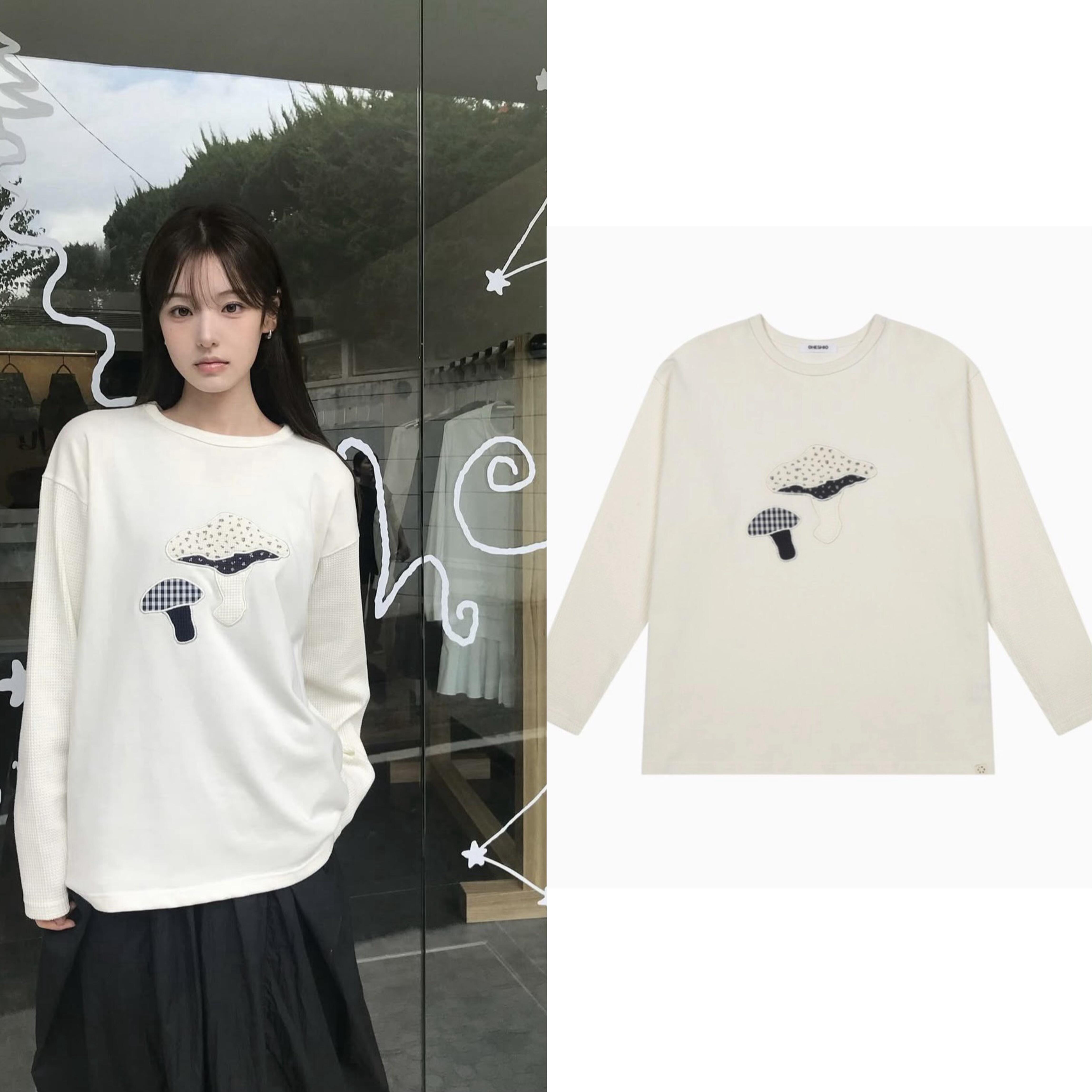 现货2025秋季女韩国品牌oheshio 蘑菇贴布华夫格拼接圆领长袖卫衣