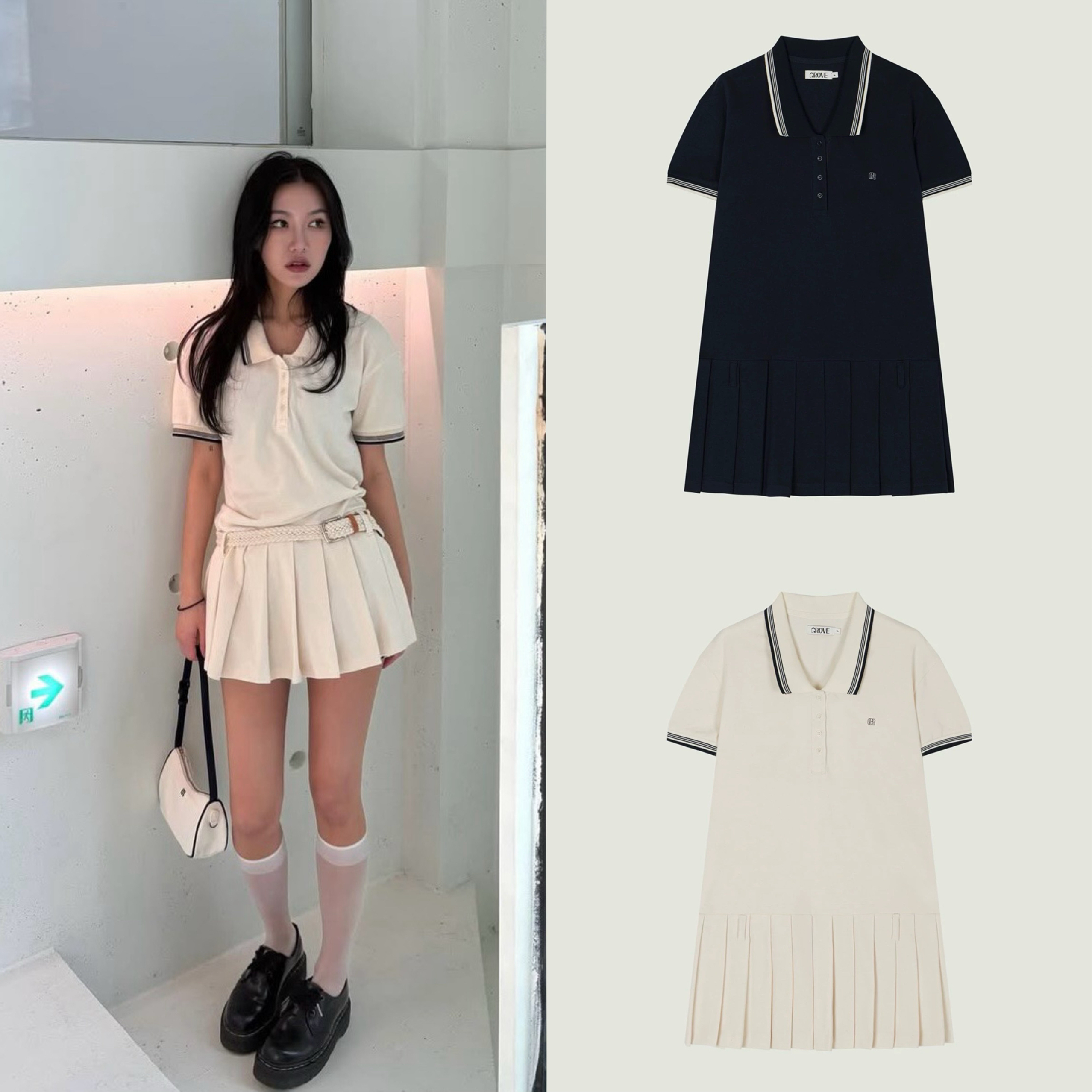 现货！韩国Gro*e夏季新款连衣裙polo领学院风中长款撞色百褶裙女