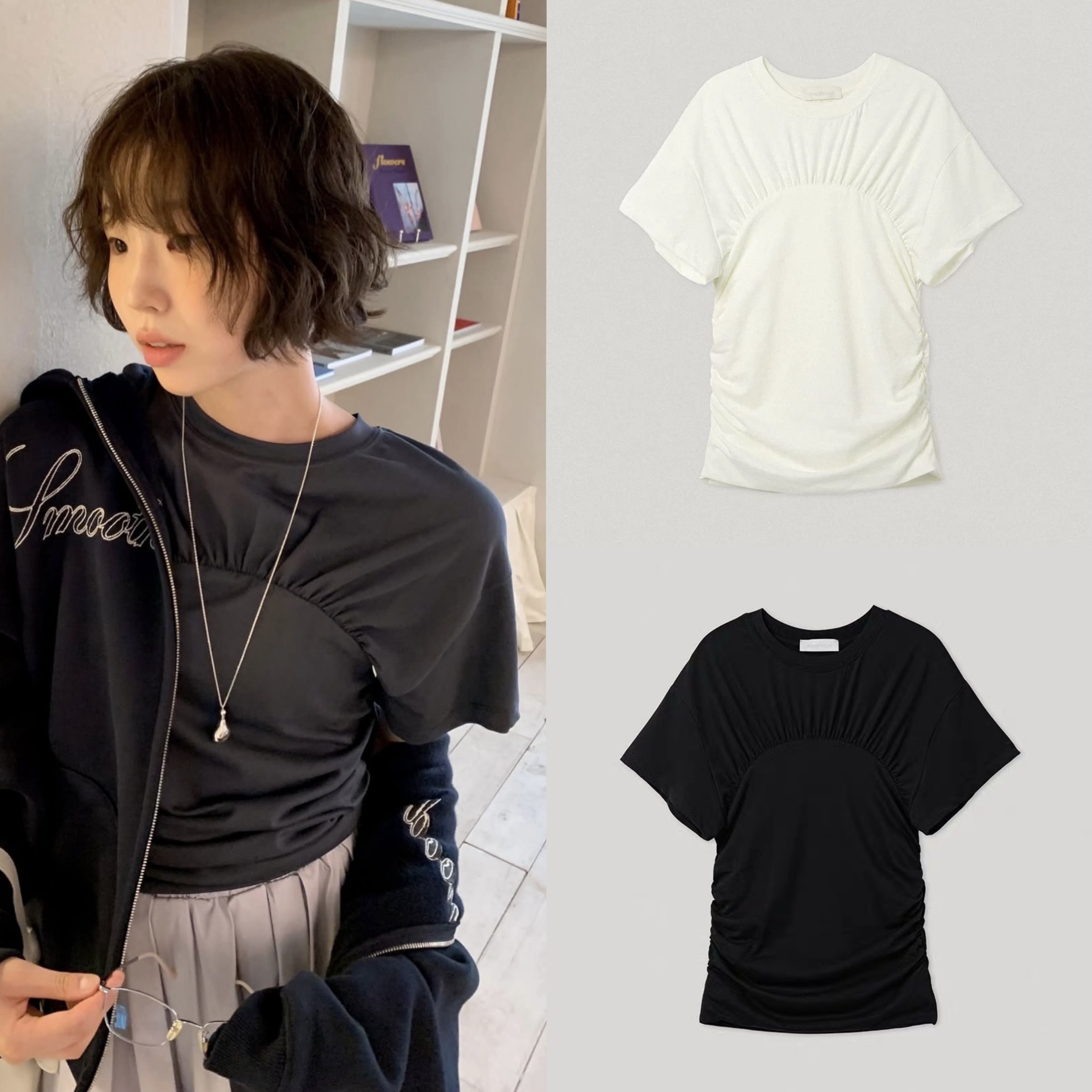 现货 韩国品牌Smoothmood25秋冬新款纯色褶皱叠穿拼接上衣短袖T恤
