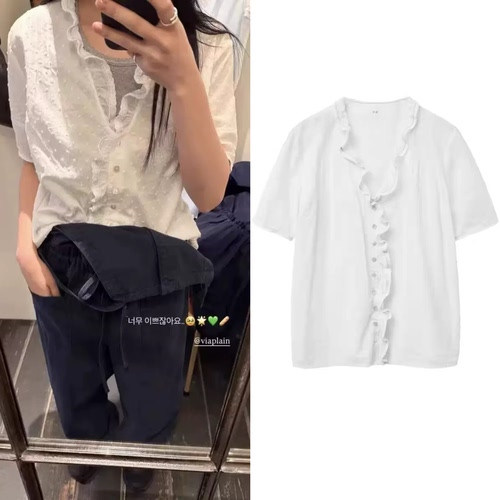 【现货】韩国viaplain衬衫新款复古气质纯色荷叶边V领波点短袖女