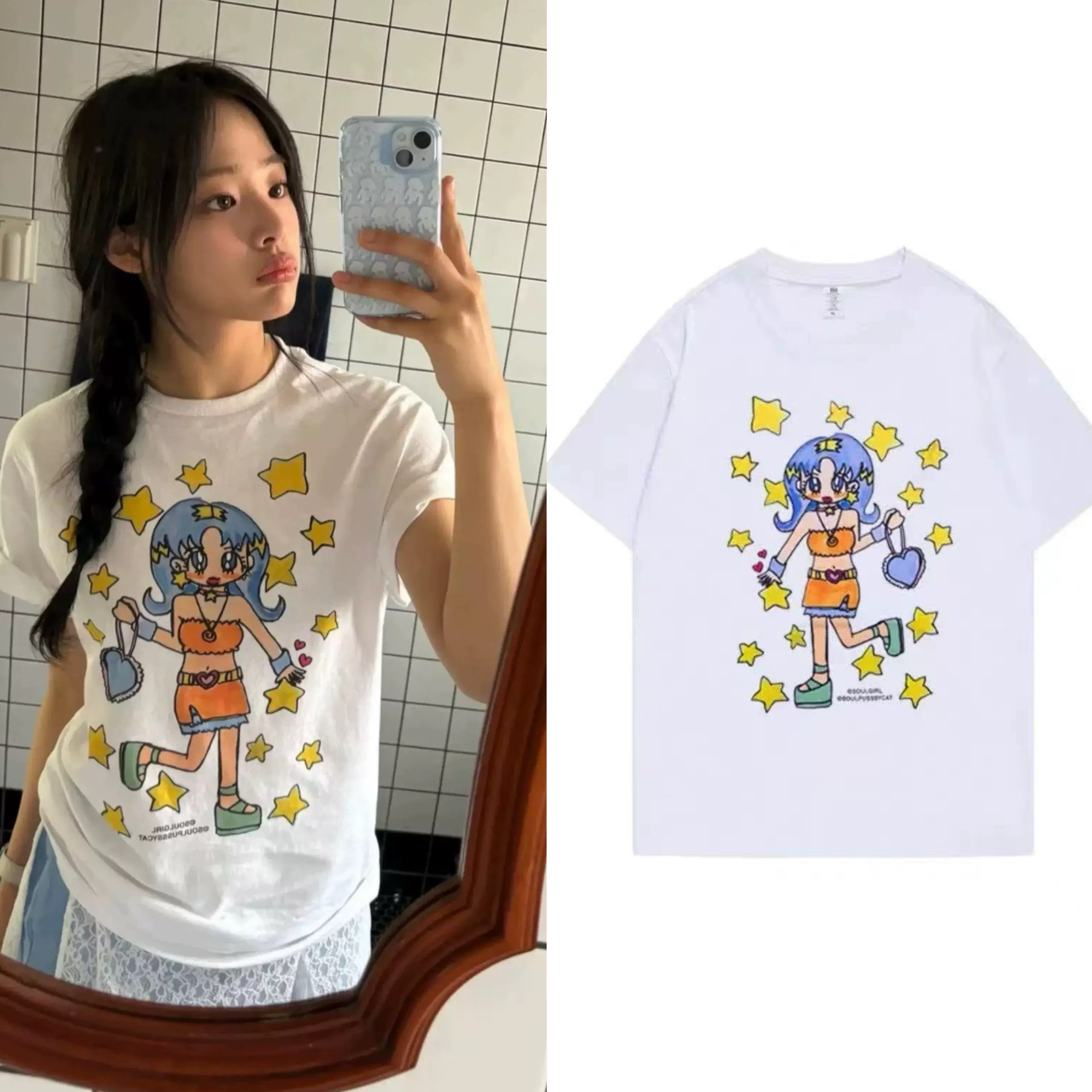 现货minji林小宅同款SOULPUSSSYCAT 24夏季卡通漫画宽松短袖T恤