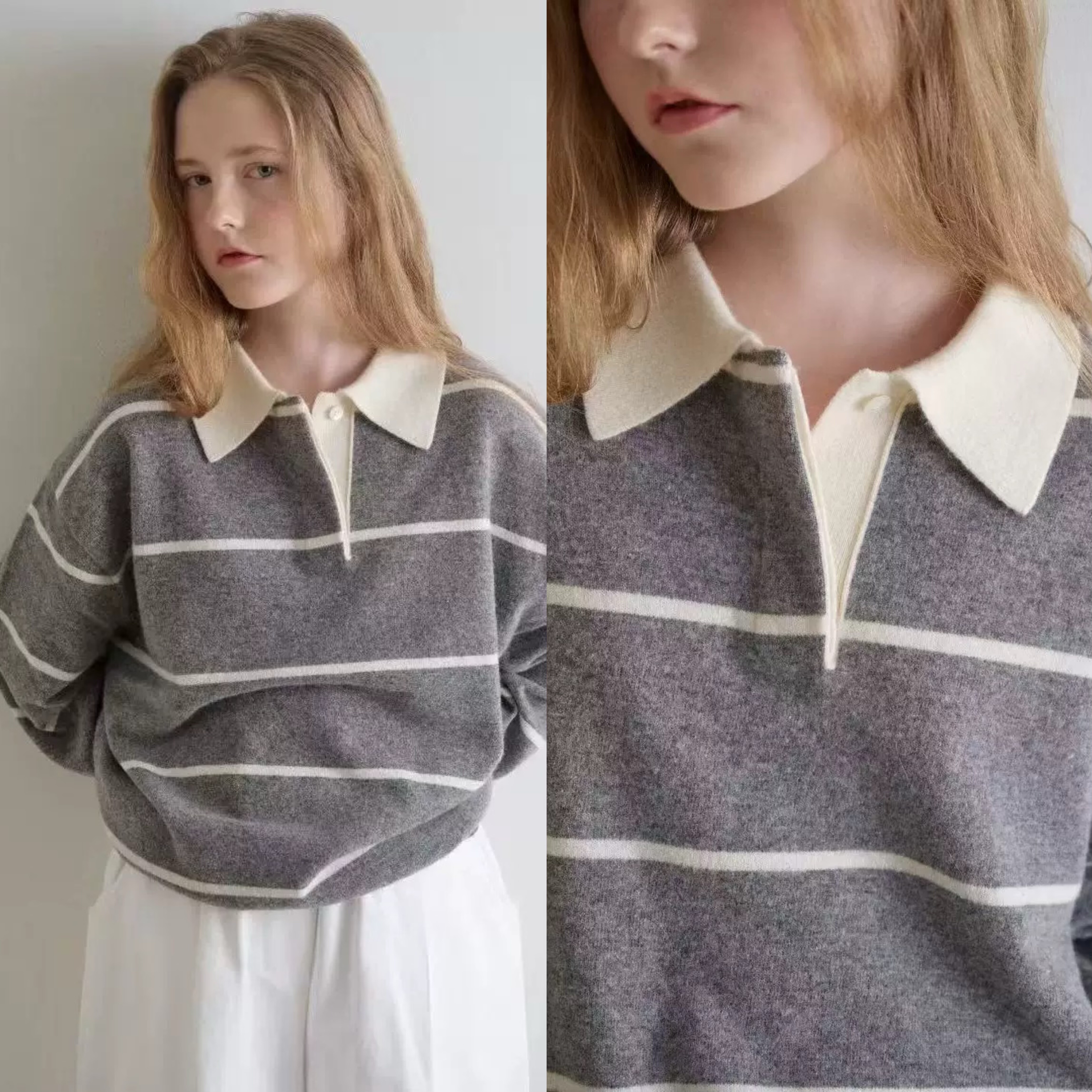 现 gabrielle韩国东大门女2025秋新款慵懒风撞色条纹polo领针织衫