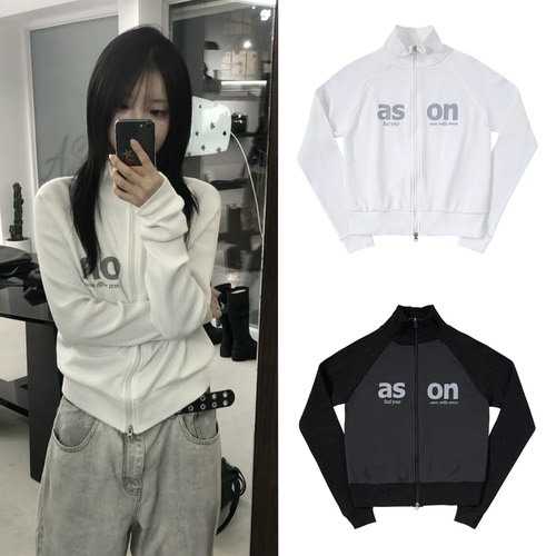 现货 韩国设计师品牌ason街头潮酷字母印花插肩袖拼接立领外套