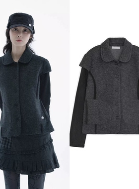 现货 hugyourskin 权恩妃同款 拼接娃娃领毛呢针织假两件夹克外套