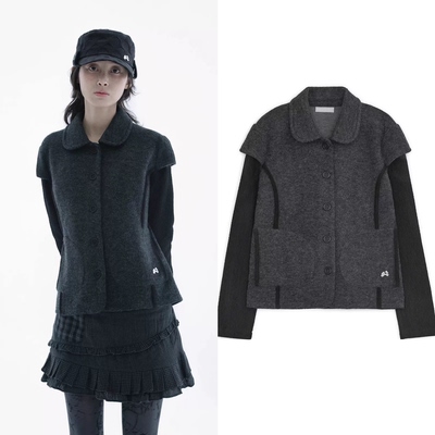 现货 hugyourskin 权恩妃同款 拼接娃娃领毛呢针织假两件夹克外套