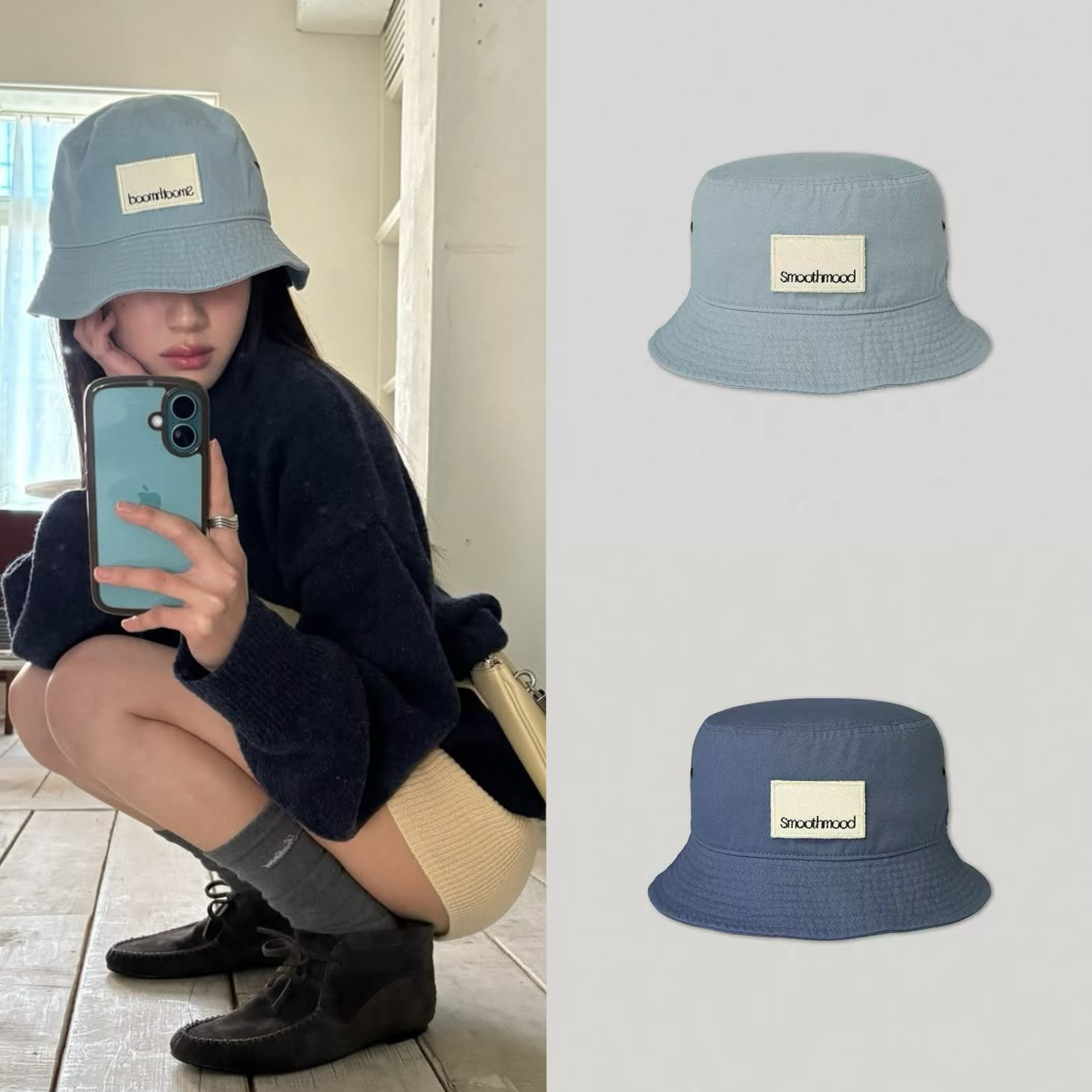 25新6月韩国smoothmood贴布刺绣字母水洗棉渔夫帽遮阳帽帽子韩系