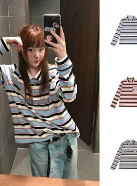现韩国aeae复古条纹polo领长袖T恤学院风翻领简约百搭宽松上衣女