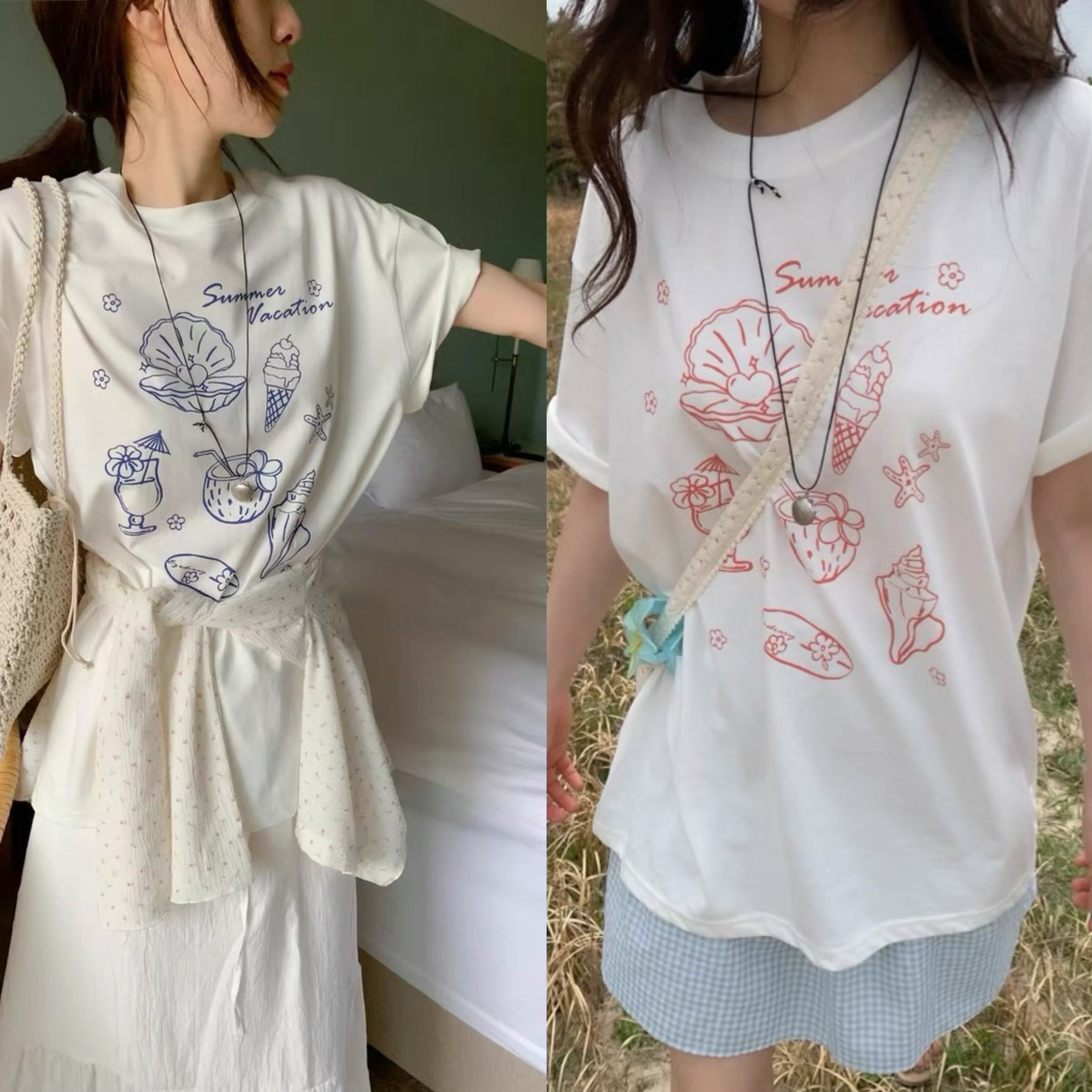 现货韩国东大门品牌 度假风甜美夏日贝壳冰淇淋印花宽松短袖T恤女