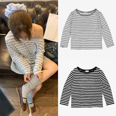 现货韩国设计师品牌nocontent慵懒风露肩休闲慵懒烫钻条纹长袖T恤