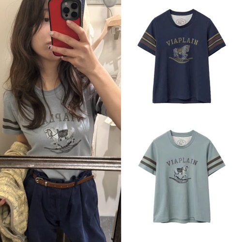 现！韩国viaplain夏季复古休闲骏马做旧印花圆领短袖T恤女