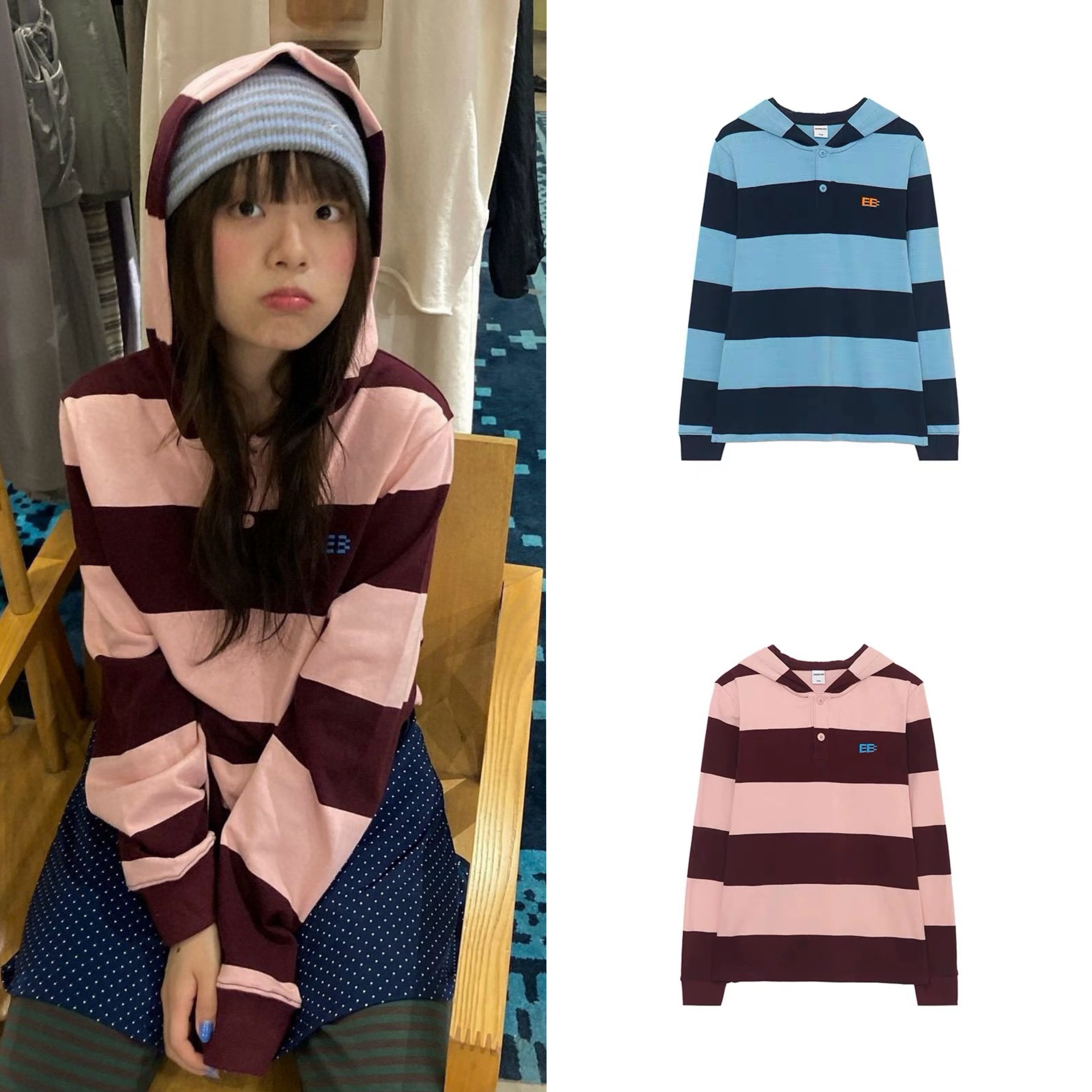 现货韩国品牌enzoblues百搭可爱条纹圆领长袖polo领T恤连帽衫卫衣