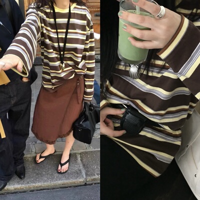 现breathe女韩国小众品牌2025秋季学院风减龄圆领撞色条纹长袖T恤