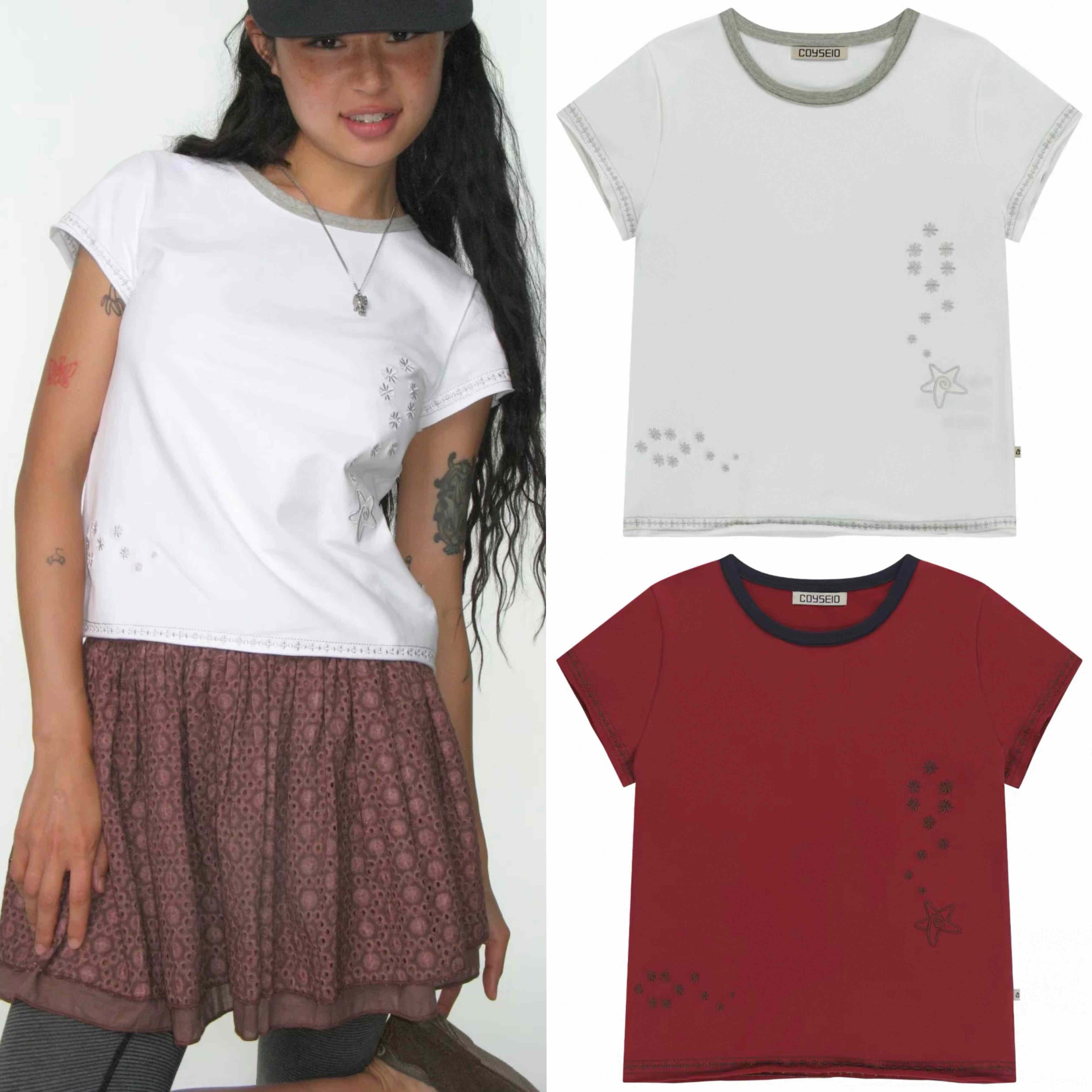 现韩国小众品牌coyseio星星刺绣领口撞色修身短款上衣短袖T恤女