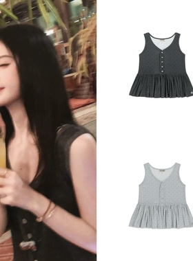 鞠婧祎同款 coyseio韩国设计师品牌日系圆点印花短款荷叶边背心女