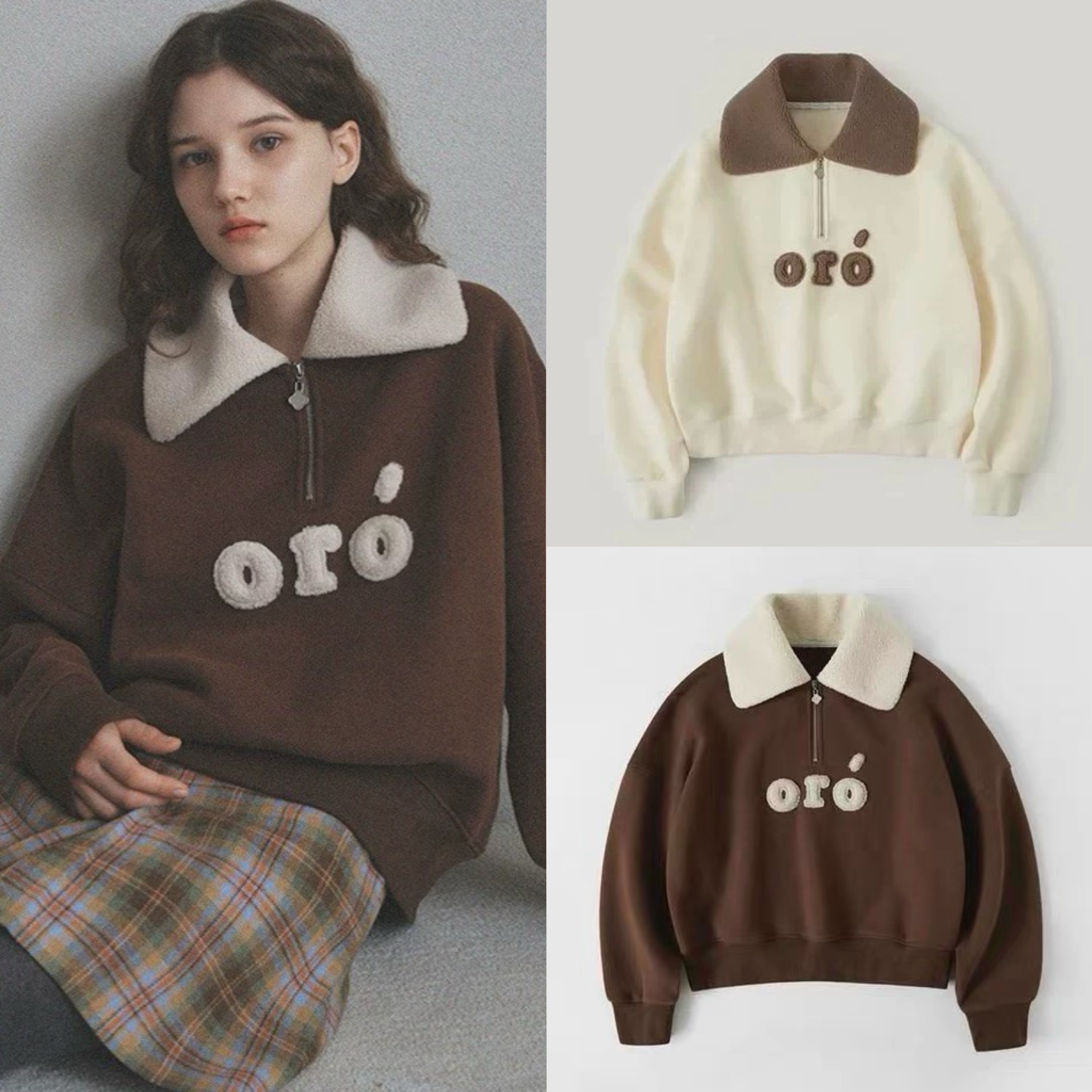 现 Oro韩国小众品牌女2025秋冬新款休闲字母半拉链POLO领加绒卫衣