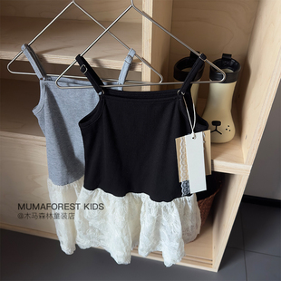 2026春款女童连衣裙森系蕾丝花边拼接吊带裙坑条叠穿中童洋气裙子