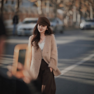 PINZIKO 大兔子 羊绒澳毛拉毛外套秋冬新款气质毛呢大衣女