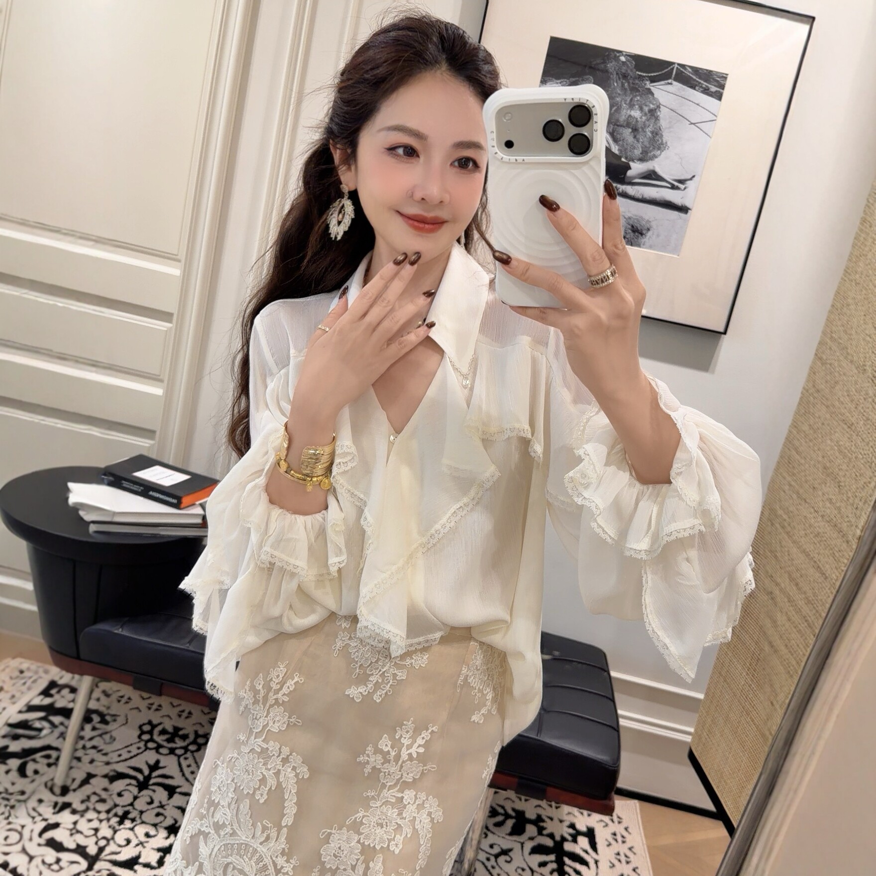 PINZIKO 大兔子 蕾丝拼接荷叶边衬衫领长袖温柔设计感上衣