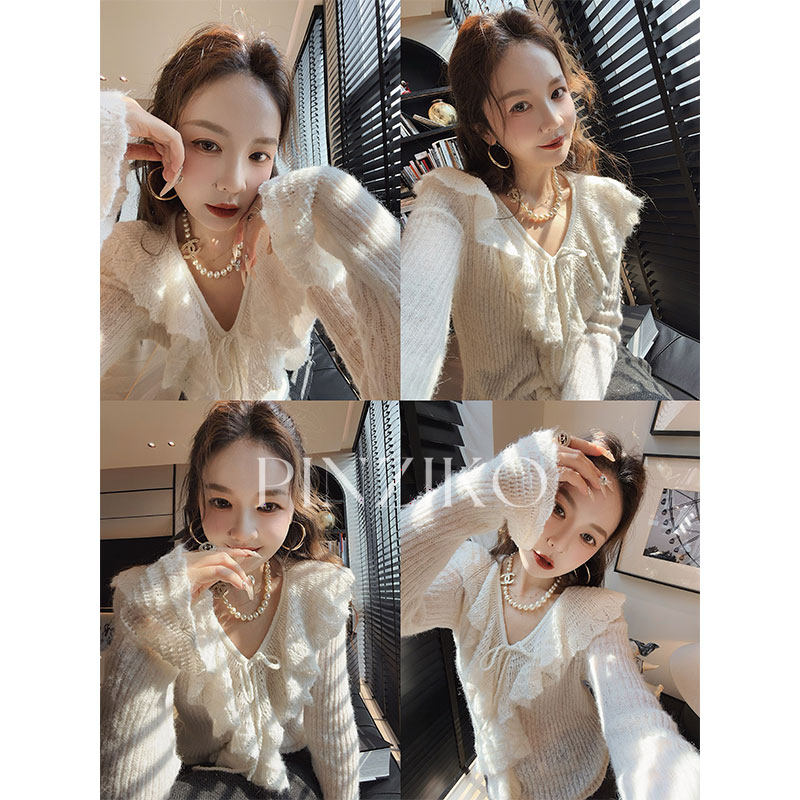 PINZIKO 大兔子 绵羊毛荷叶边针织长袖套头毛针织衫设计感上衣,女装/女士精品,毛针织衫,淘宝优惠券,粉丝福利购,淘宝优惠卷