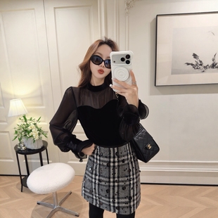 PINZIKO 大兔子 秋冬新款人丝丝绒灯笼袖上衣女显瘦法式衬衣