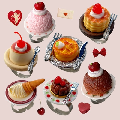 下午茶甜品点心泡芙华夫蛋糕布丁冰淇淋微缩食玩戒指dessert ring