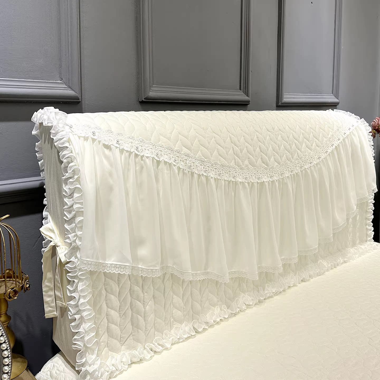 好梦连连布艺夹棉床头套蕾丝公主风床头罩皮床淑女梦幻1.8拆洗