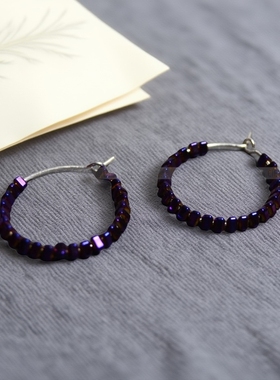 Ciel原创设计手工黑胆石耳环耳圈通体925纯银时尚高级新颖紫色女