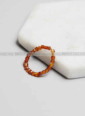 Ciel原创手工天然橙色石榴石戒指2mm四方块珠指环关节戒骨尾戒女