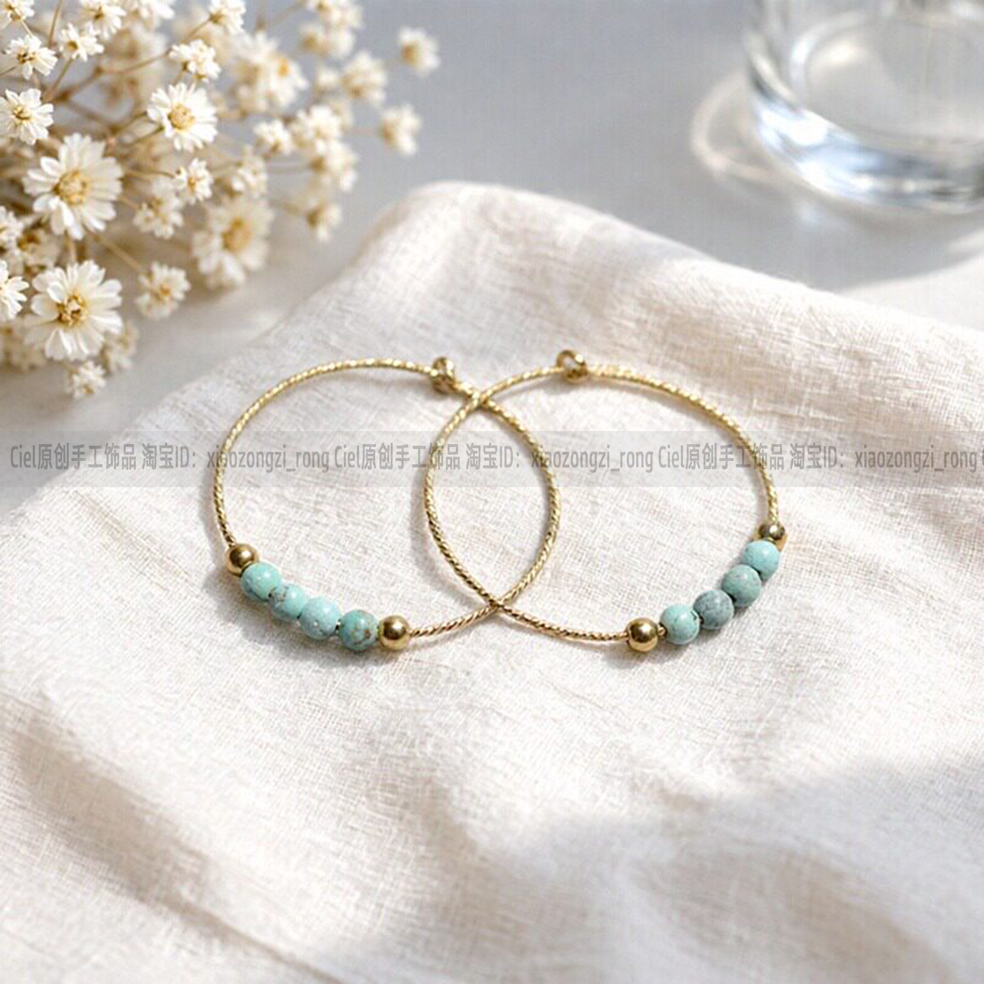 Ciel原创手工美国进口14K包金耳环耳饰耳圈女天然原矿绿松石2.8mm