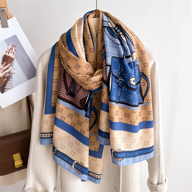 时尚卡通提包加长印花丝巾围巾棉麻款防晒防尘披肩简约秋冬头巾女