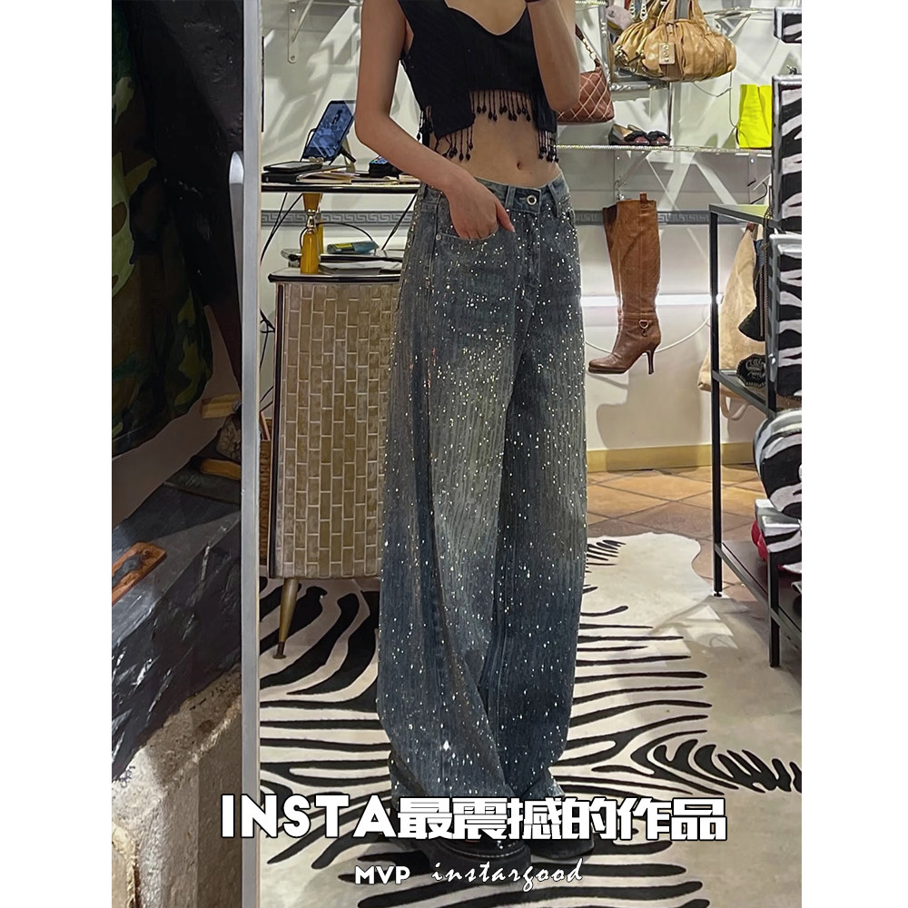 巅峰之作高级感巴黎爆闪裤美式复古烫钻牛仔裤满天星重工爆闪裤