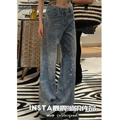 Oootd 2025新款 半钻巴黎爆闪裤 Insta 复古直筒重工烫钻牛仔裤