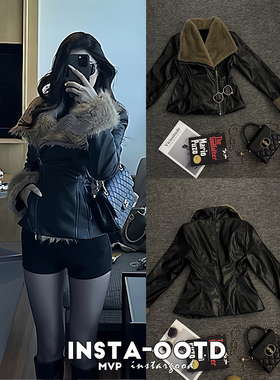 2025秋冬新款小个子PU皮毛一体皮草外套显瘦收腰显瘦毛毛夹克外套