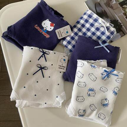 5条装 明星子夜蓝A类婴儿棉可爱卡通蝴蝶结大码中腰女士三角内裤