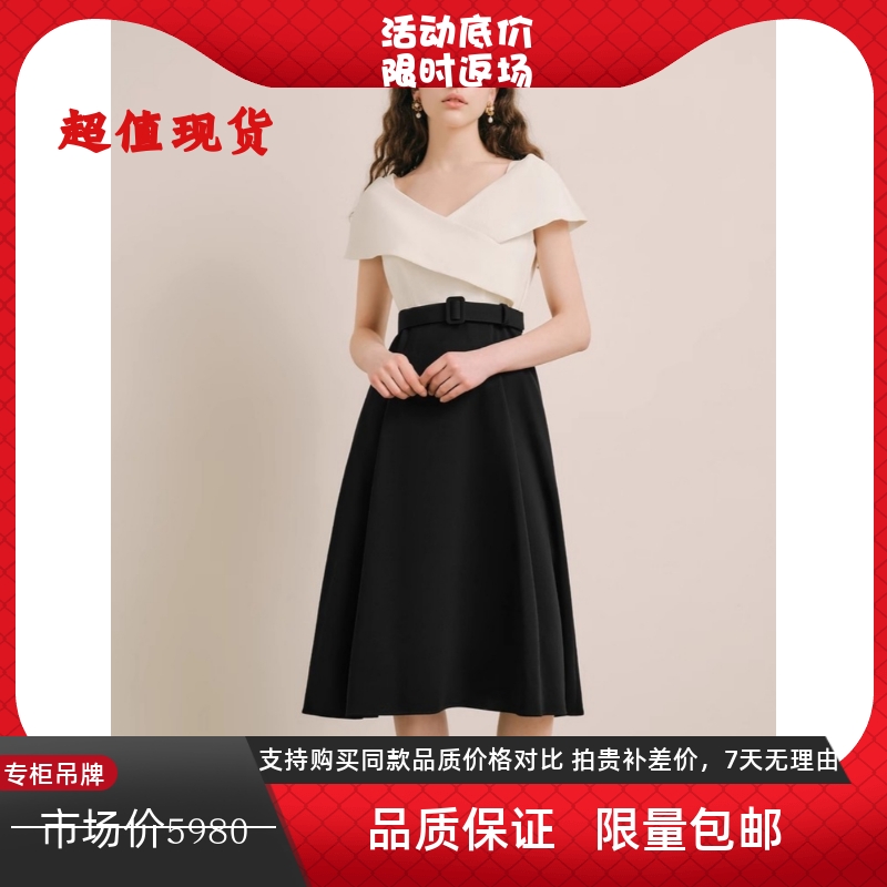 优雅高腰裙交叉领盖袖A摆连衣裙