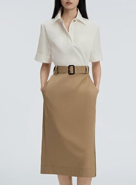 商场同款2026春新款侧开叉裙摆长绒棉拼接衬衫领连衣裙XF06384D4