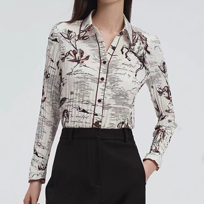 立体压褶印花通勤修身衬衫