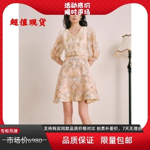 OD奥丽嘉朵24夏新品 月见草印花亚麻真丝连衣裙1C34205360 商场同款