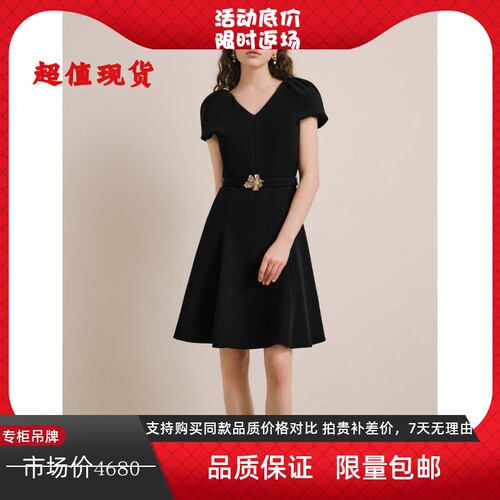 优雅A字裙V领盖袖花朵金属腰带黑
